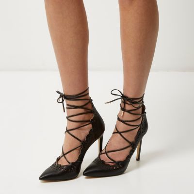 Black laser cut lace-up heels